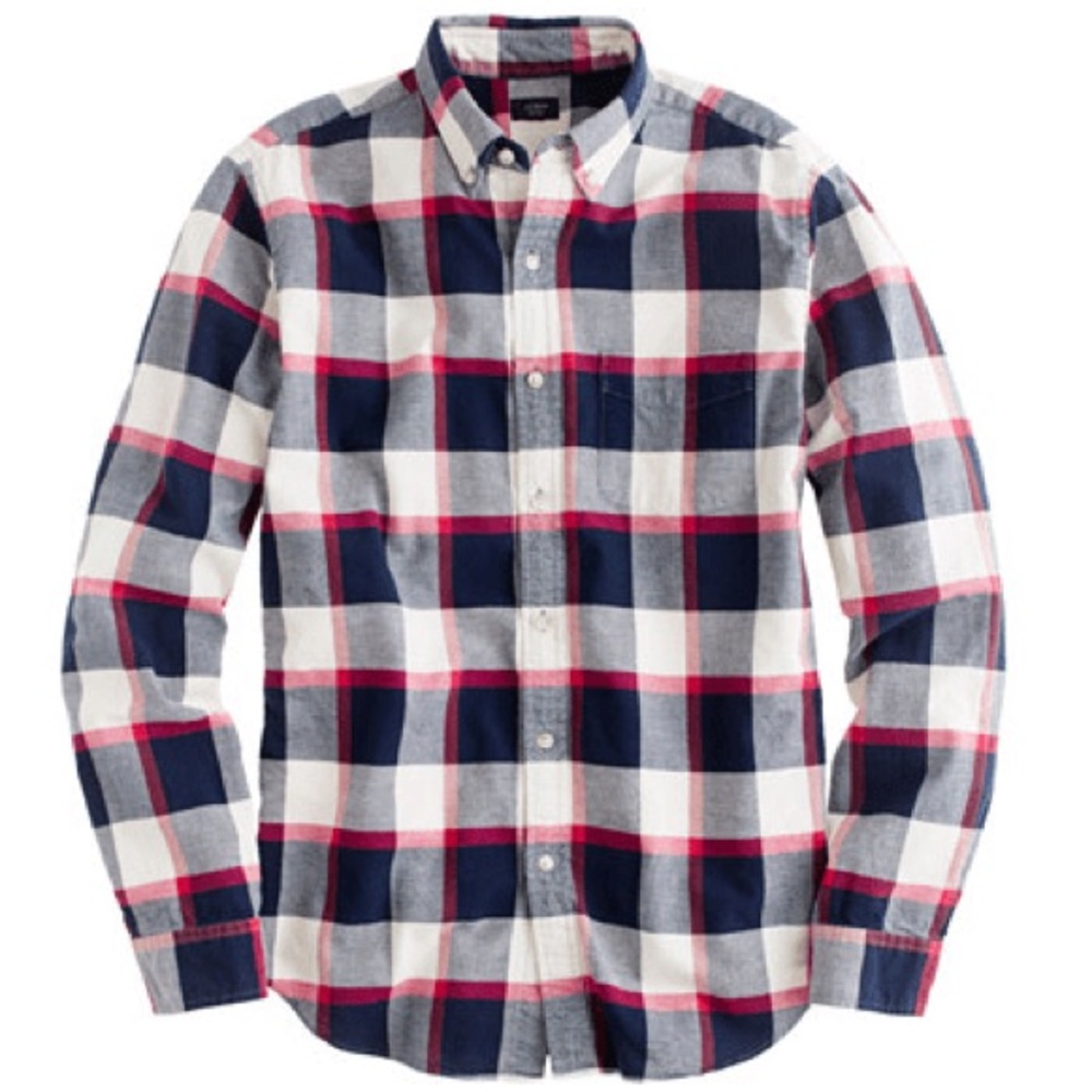J. Crew Men's Oxford Shirt Red White Navy Plaid LS Button‎ Down Collar Sz slim M